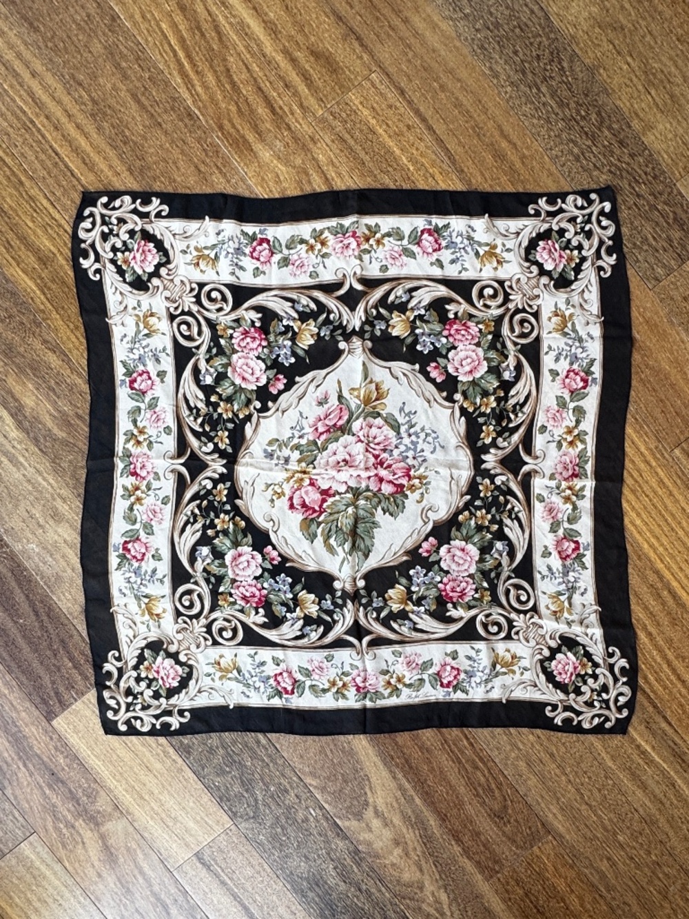 VTG Ralph Lauren Sheer Silk Scarf 33"x33" Black Baroque Floral Signed